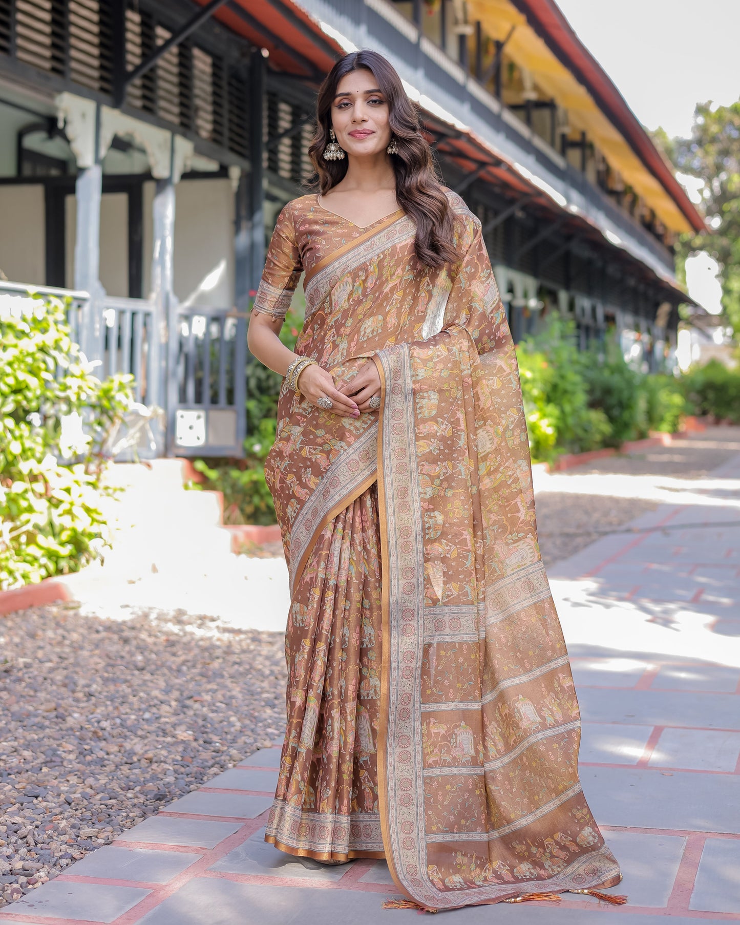 Royal Brown Procession Print Handloom Cotton Saree with Illustrated Pallu & Blouse