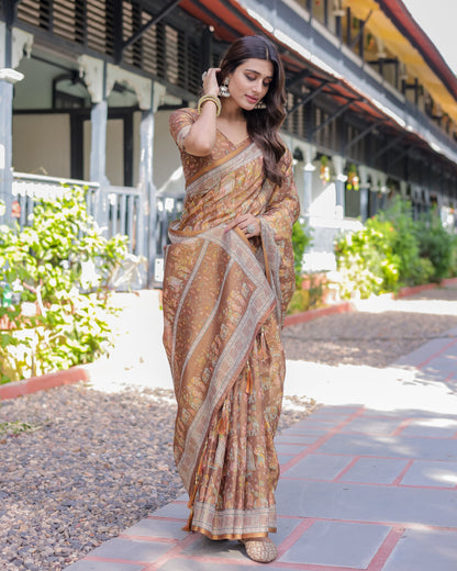 Royal Brown Procession Print Handloom Cotton Saree with Illustrated Pallu & Blouse