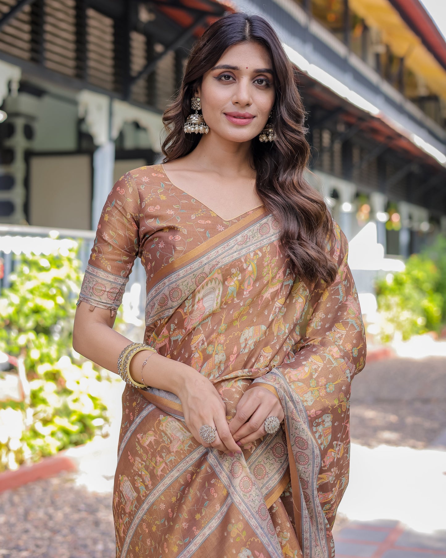 Royal Brown Procession Print Handloom Cotton Saree with Illustrated Pallu & Blouse