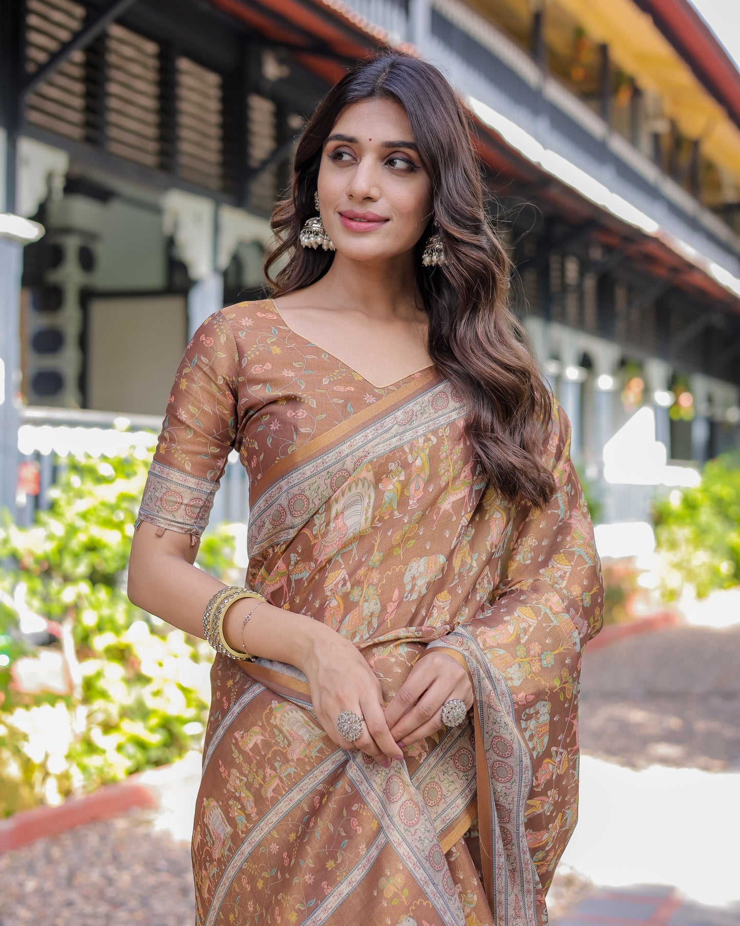 Royal Brown Procession Print Handloom Cotton Saree with Illustrated Pallu & Blouse