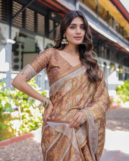 Royal Brown Procession Print Handloom Cotton Saree with Illustrated Pallu & Blouse