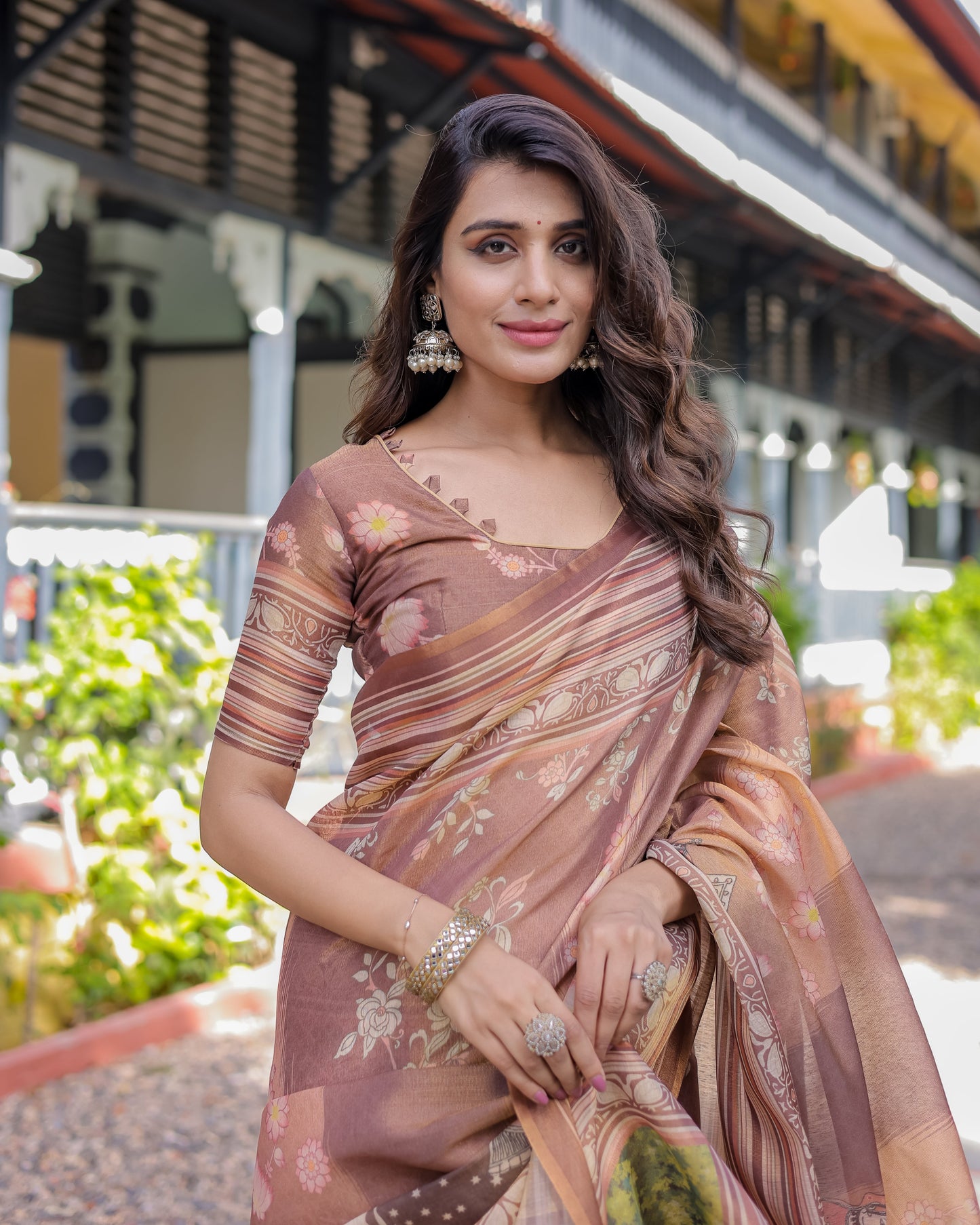 Divine Brown Handloom Cotton Saree with Radha Krishna & Cow Motif – Ethnic Village Charm