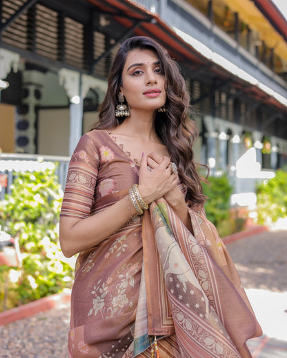 Divine Brown Handloom Cotton Saree with Radha Krishna & Cow Motif – Ethnic Village Charm