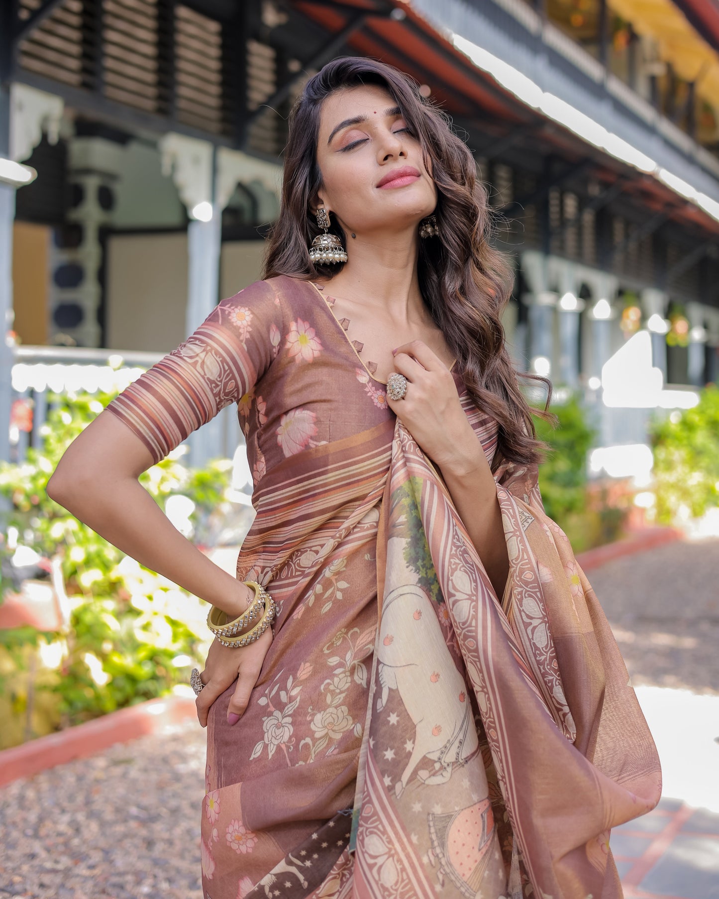 Divine Brown Handloom Cotton Saree with Radha Krishna & Cow Motif – Ethnic Village Charm