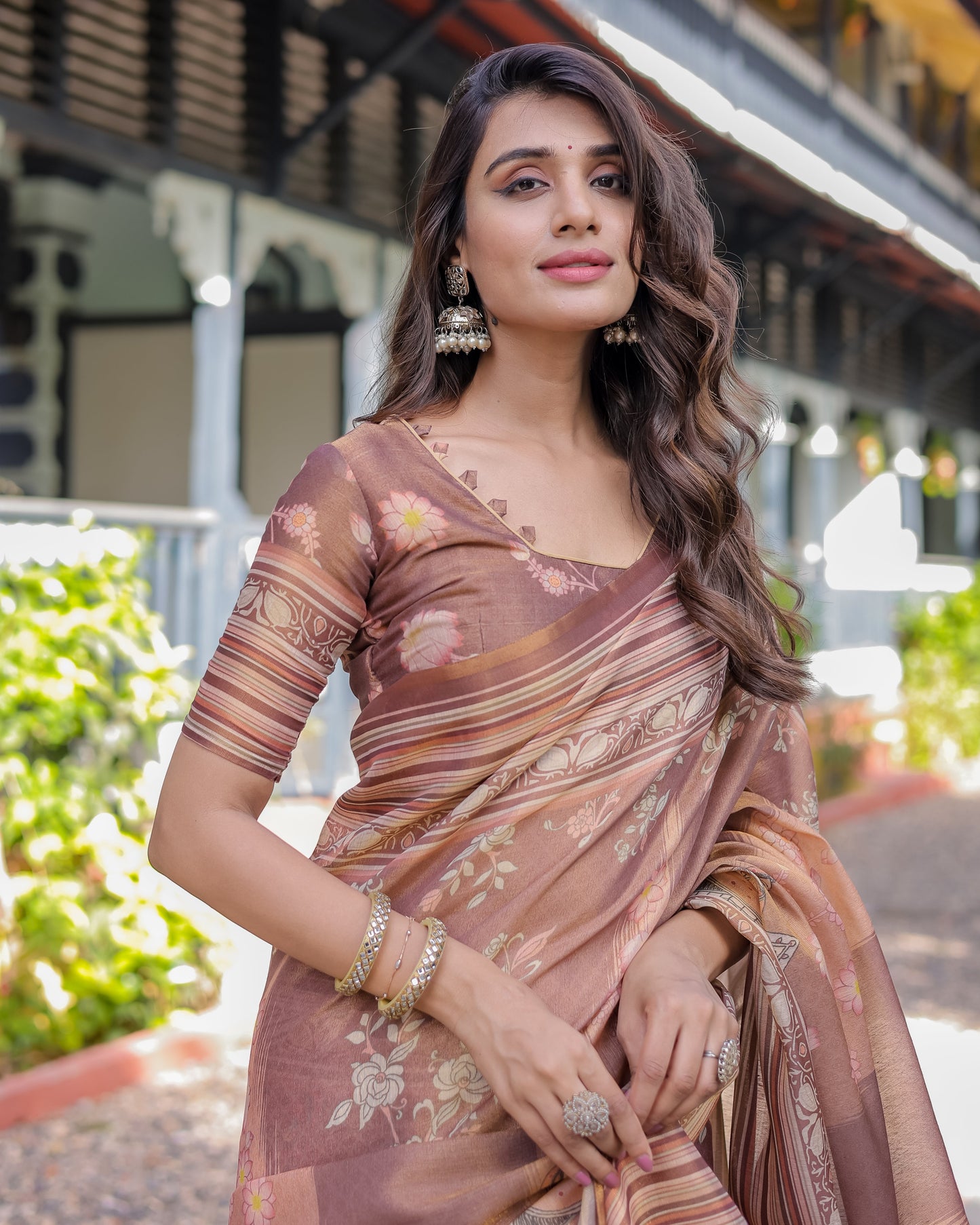 Divine Brown Handloom Cotton Saree with Radha Krishna & Cow Motif – Ethnic Village Charm