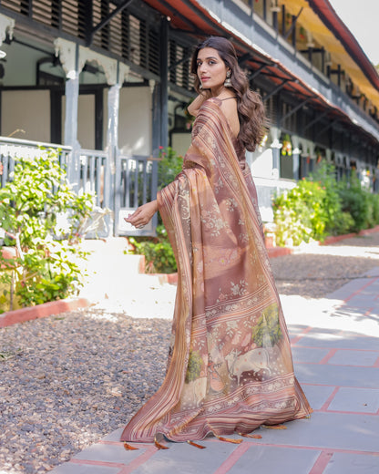 Divine Brown Handloom Cotton Saree with Radha Krishna & Cow Motif – Ethnic Village Charm