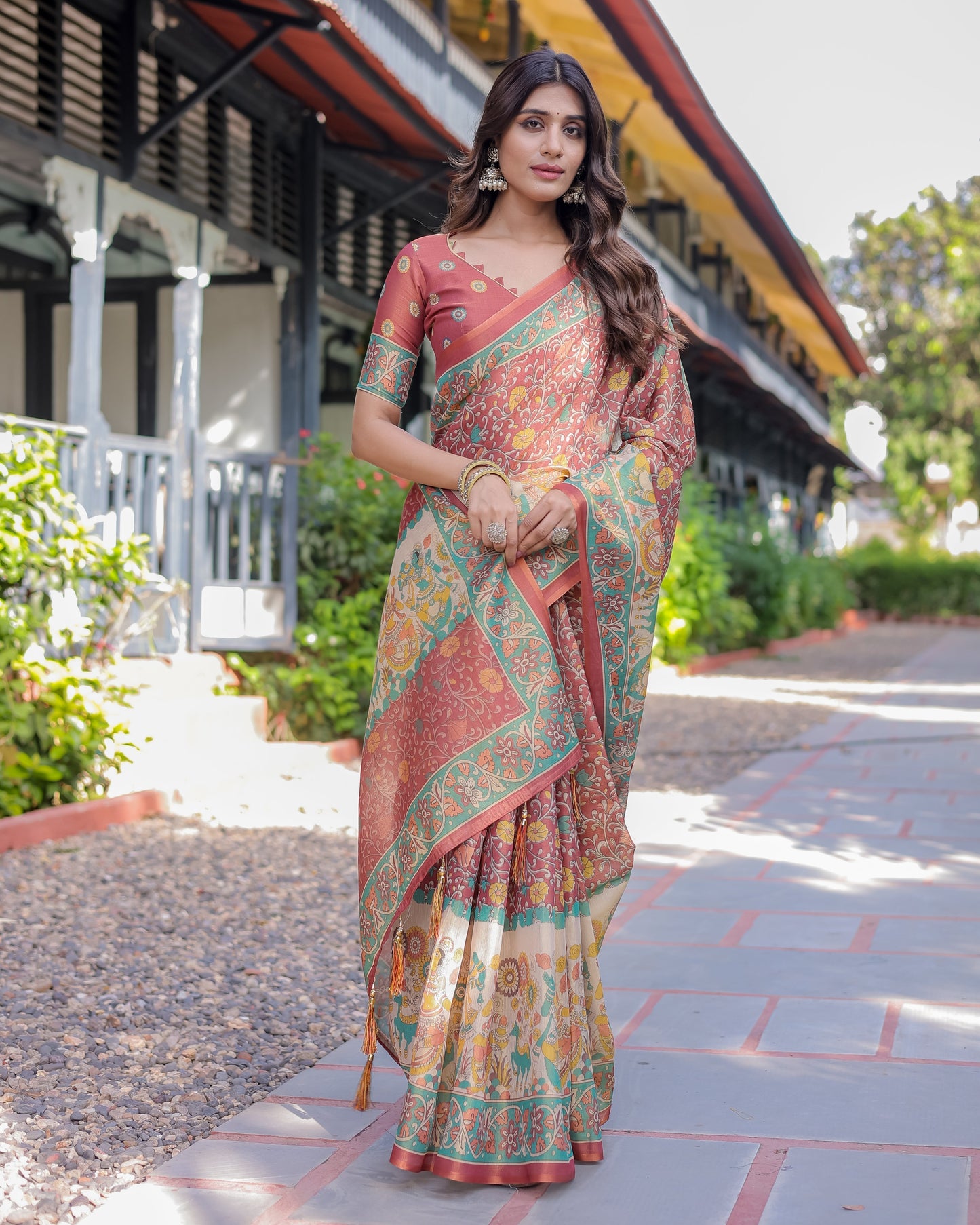Rust Maroon Handloom Cotton Saree with Folk Procession Pallu & Floral Vine Print