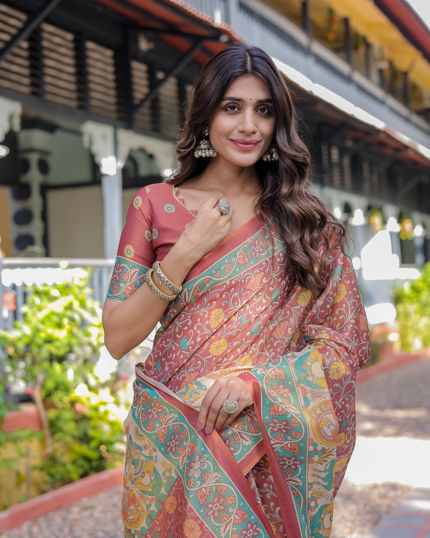 Rust Maroon Handloom Cotton Saree with Folk Procession Pallu & Floral Vine Print