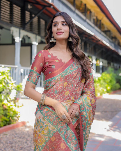 Rust Maroon Handloom Cotton Saree with Folk Procession Pallu & Floral Vine Print