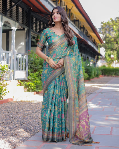 Sea Green Handloom Cotton Saree with Multicolor Floral & Royal Procession Pallu