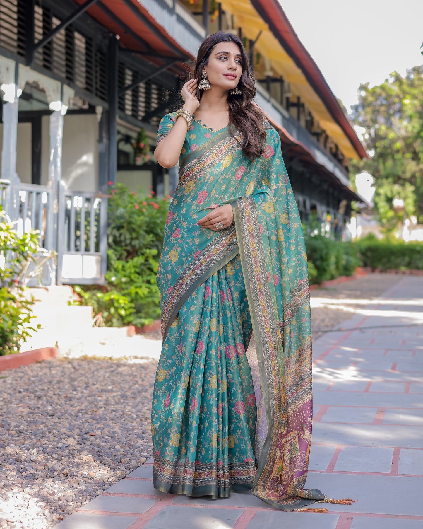 Sea Green Handloom Cotton Saree with Multicolor Floral & Royal Procession Pallu