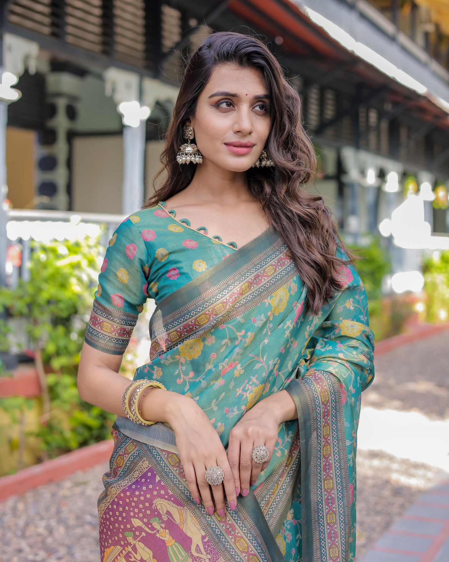 Sea Green Handloom Cotton Saree with Multicolor Floral & Royal Procession Pallu