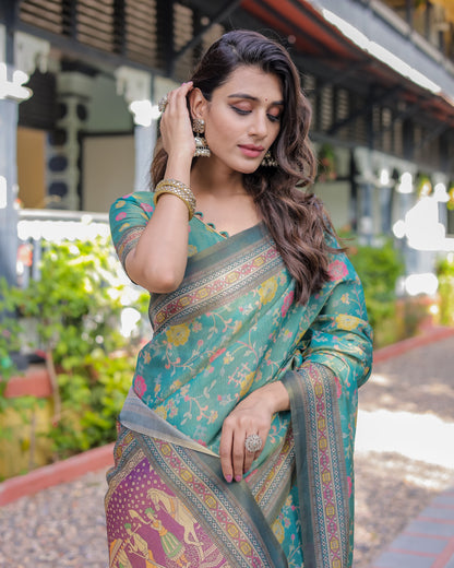 Sea Green Handloom Cotton Saree with Multicolor Floral & Royal Procession Pallu