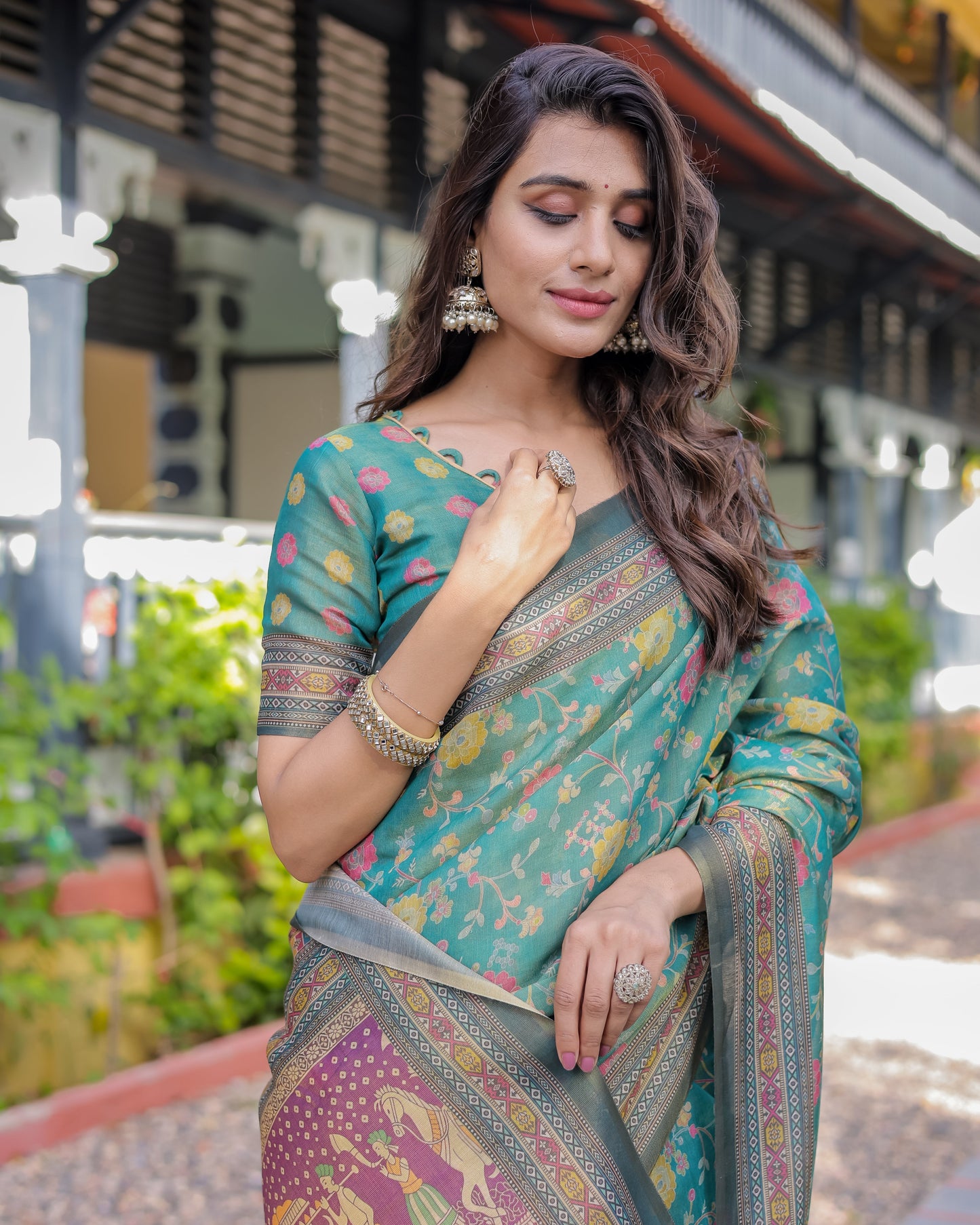 Sea Green Handloom Cotton Saree with Multicolor Floral & Royal Procession Pallu