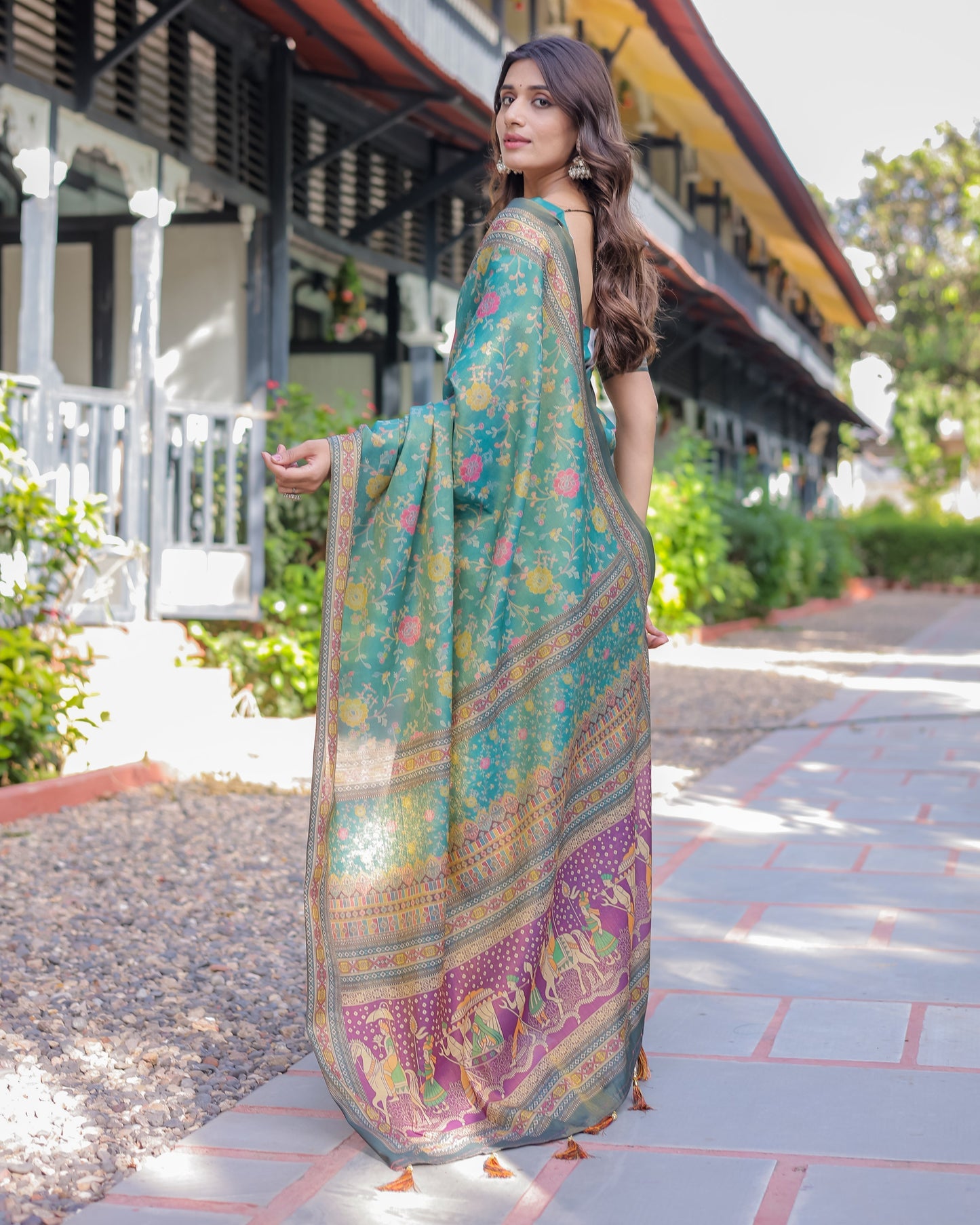 Sea Green Handloom Cotton Saree with Multicolor Floral & Royal Procession Pallu