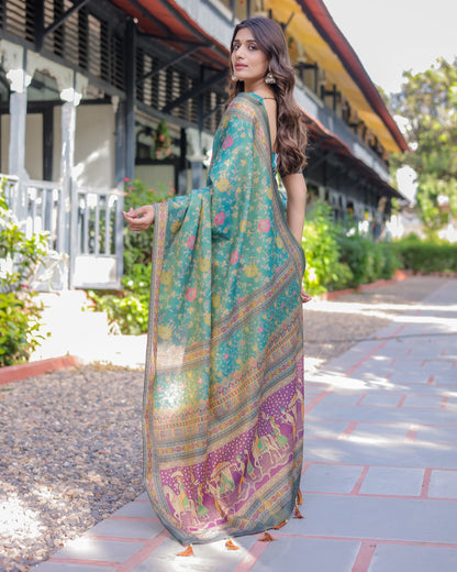 Sea Green Handloom Cotton Saree with Multicolor Floral & Royal Procession Pallu