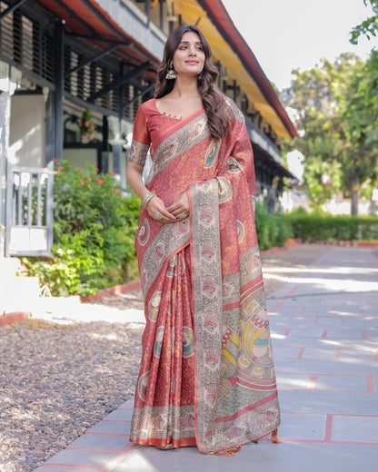 Rust Red Madhubani Fish Art Pure Handloom Cotton Saree with Contrast Blouse & Tassels