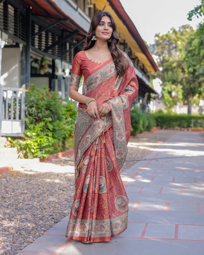 Rust Red Madhubani Fish Art Pure Handloom Cotton Saree with Contrast Blouse & Tassels