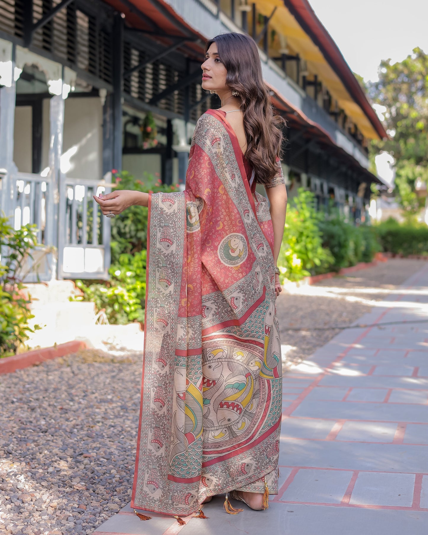 Rust Red Madhubani Fish Art Pure Handloom Cotton Saree with Contrast Blouse & Tassels