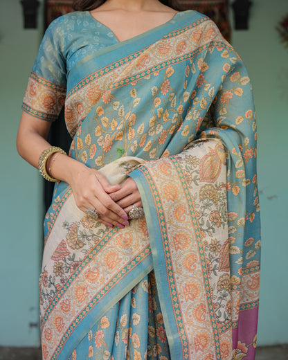 Turquoise Blue Handloom Cotton Saree with Multicolor Floral Pallu & Peach Border