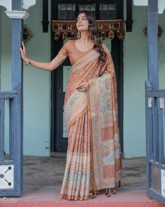 Burnt Peach Handloom Cotton Saree with Floral Buta Design & Village Scene Pallu