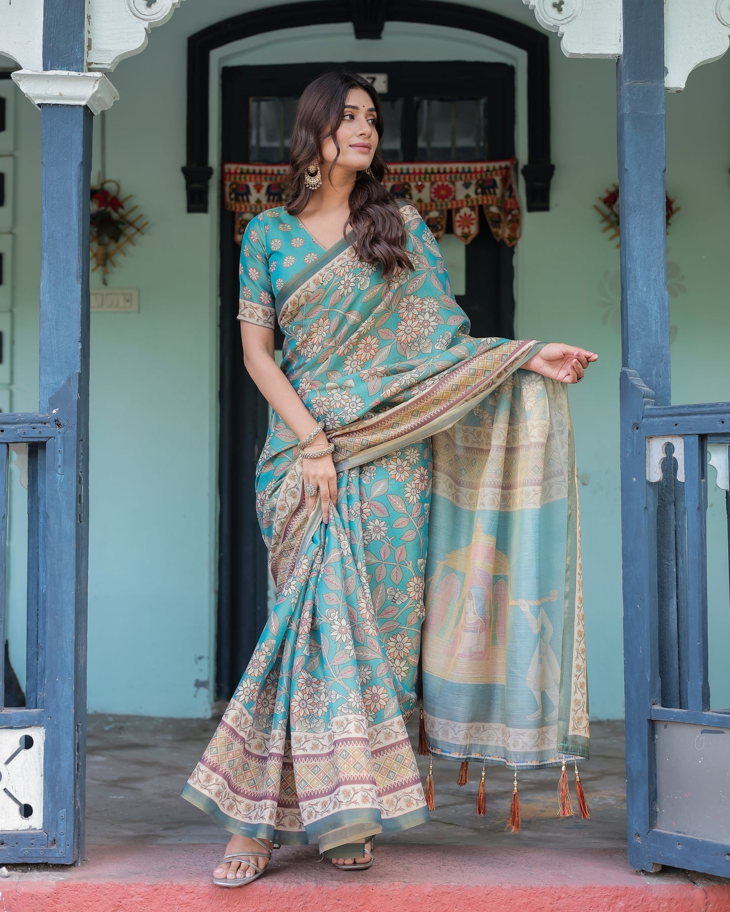 Teal Green Handloom Cotton Saree with Floral Print & Royal Bridal Procession Pallu