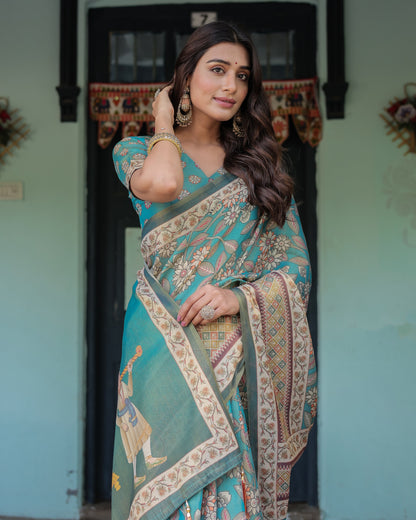 Teal Green Handloom Cotton Saree with Floral Print & Royal Bridal Procession Pallu