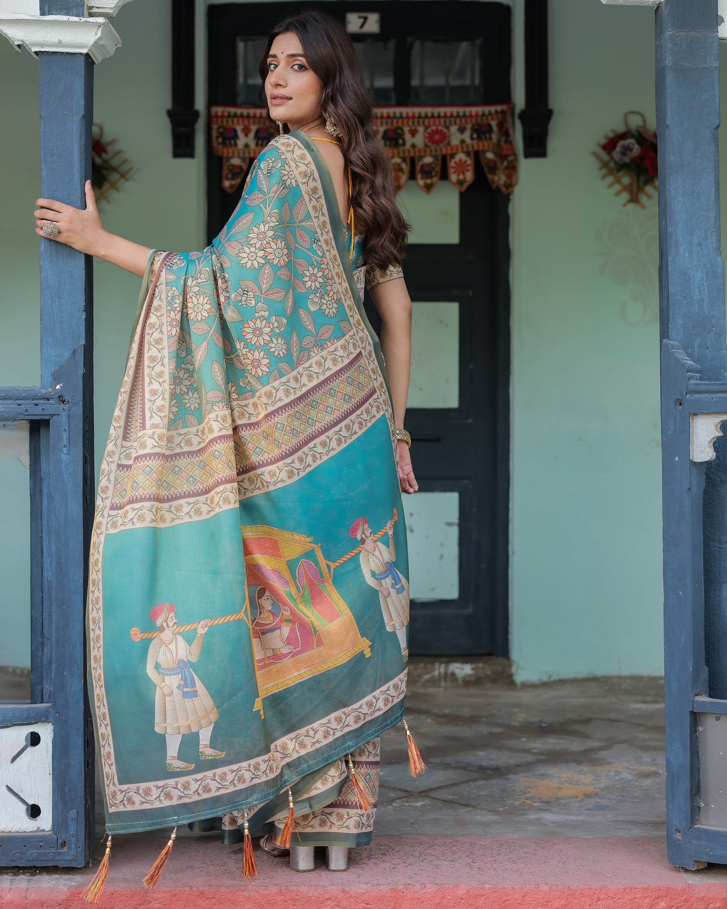 Teal Green Handloom Cotton Saree with Floral Print & Royal Bridal Procession Pallu