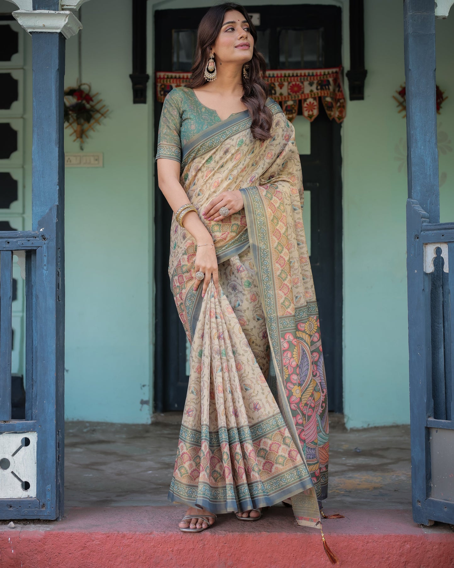 Beige Green Handloom Cotton Saree with Lotus Print & Colorful Peacock Pallu