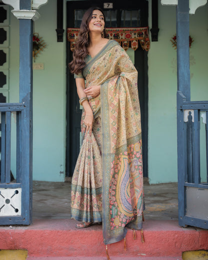 Beige Green Handloom Cotton Saree with Lotus Print & Colorful Peacock Pallu