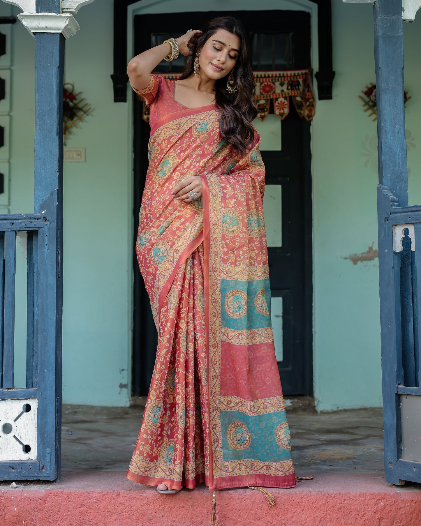 Terracotta Red Handloom Cotton Saree with Floral Vine Print & Dual-Toned Royal Motif Pallu