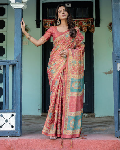 Terracotta Red Handloom Cotton Saree with Floral Vine Print & Dual-Toned Royal Motif Pallu