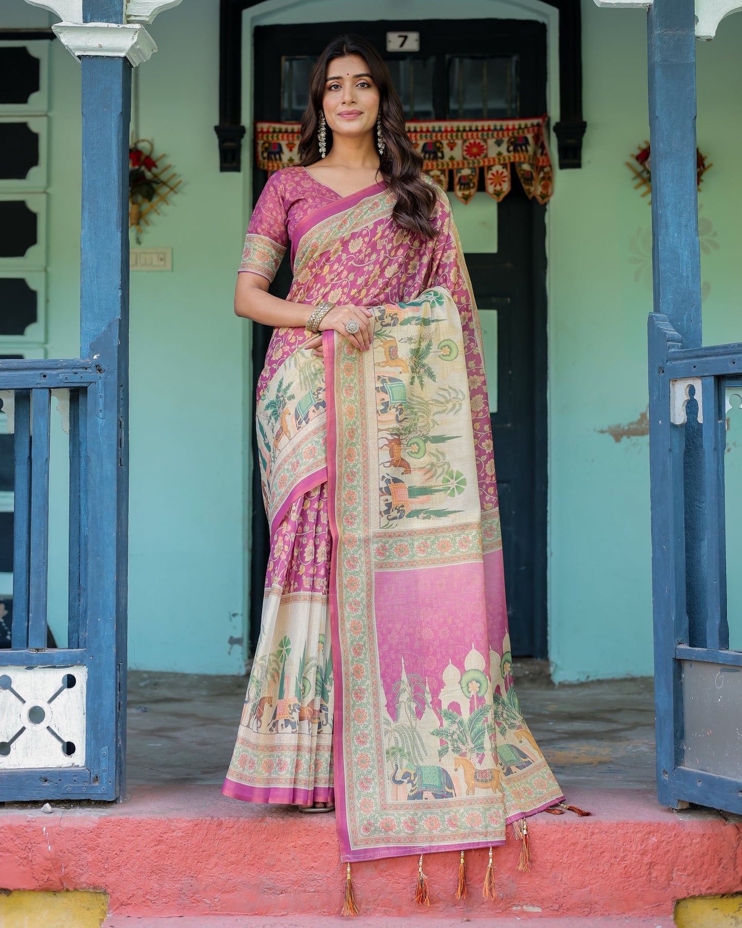 Magenta Pink Handloom Cotton Saree with Floral Vines & Royal Elephant Procession Pallu