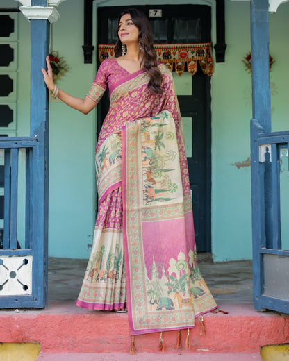 Magenta Pink Handloom Cotton Saree with Floral Vines & Royal Elephant Procession Pallu