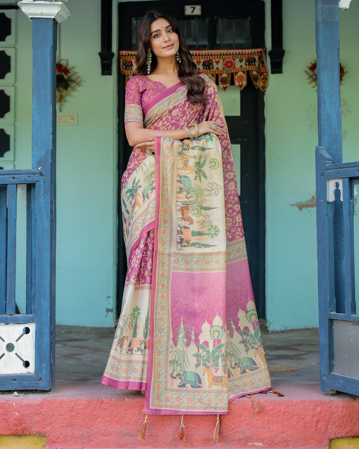 Magenta Pink Handloom Cotton Saree with Floral Vines & Royal Elephant Procession Pallu