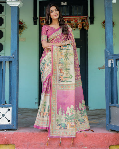 Magenta Pink Handloom Cotton Saree with Floral Vines & Royal Elephant Procession Pallu