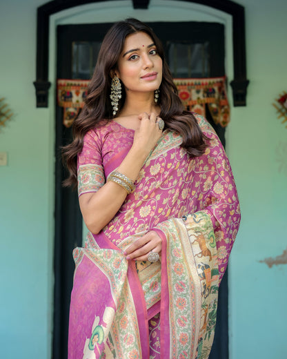 Magenta Pink Handloom Cotton Saree with Floral Vines & Royal Elephant Procession Pallu