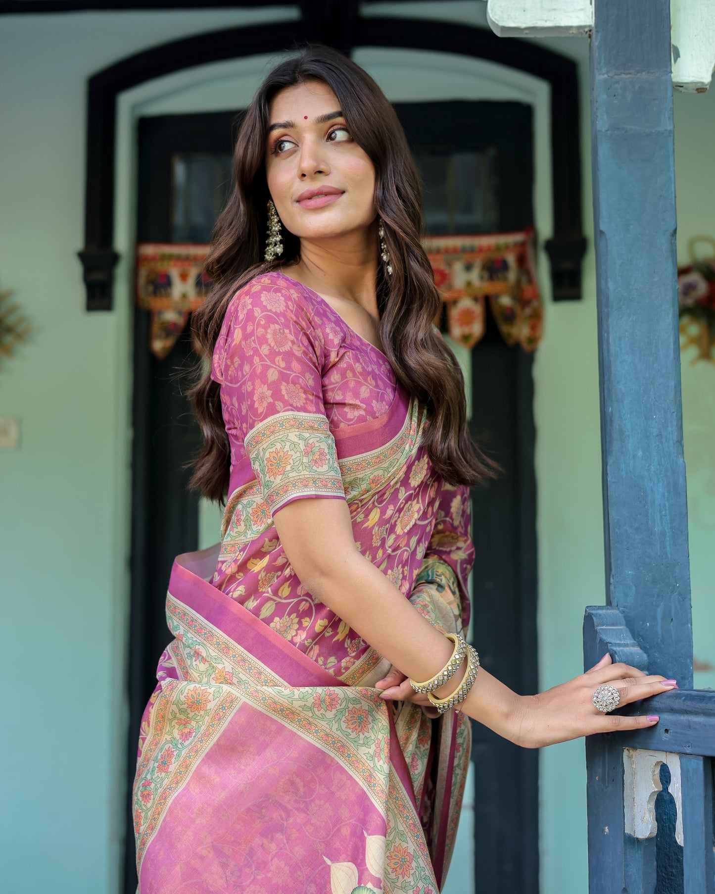 Magenta Pink Handloom Cotton Saree with Floral Vines & Royal Elephant Procession Pallu