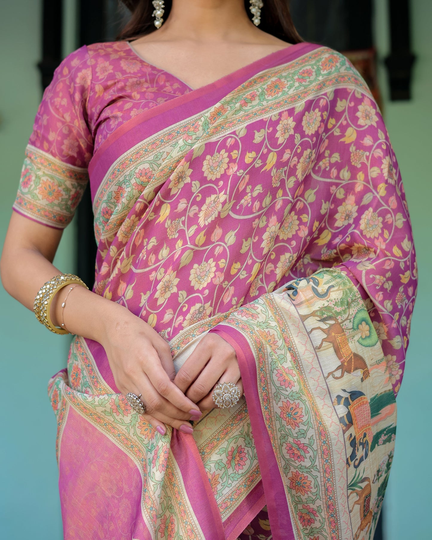 Magenta Pink Handloom Cotton Saree with Floral Vines & Royal Elephant Procession Pallu