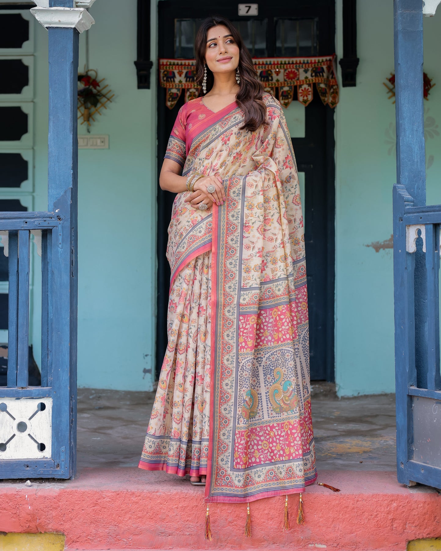 Ivory Pink Handloom Cotton Saree with Floral Print & Traditional Peacock Arch Pallu