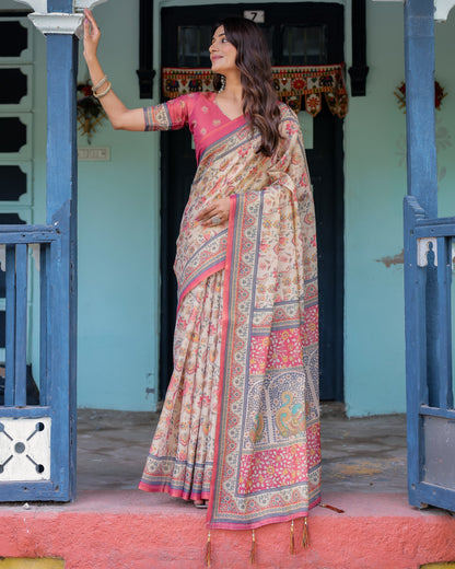 Ivory Pink Handloom Cotton Saree with Floral Print & Traditional Peacock Arch Pallu