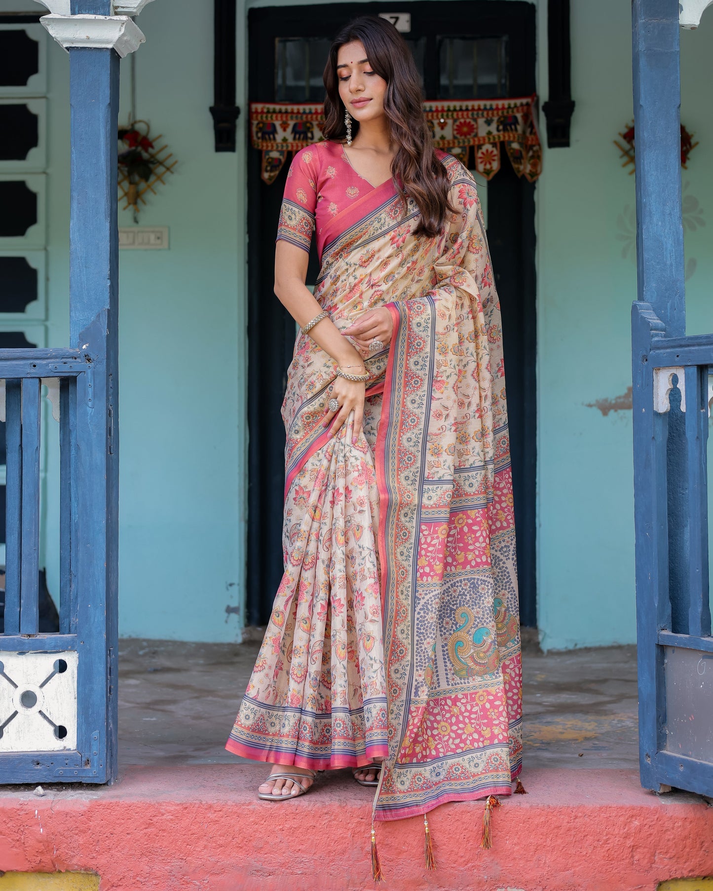 Ivory Pink Handloom Cotton Saree with Floral Print & Traditional Peacock Arch Pallu