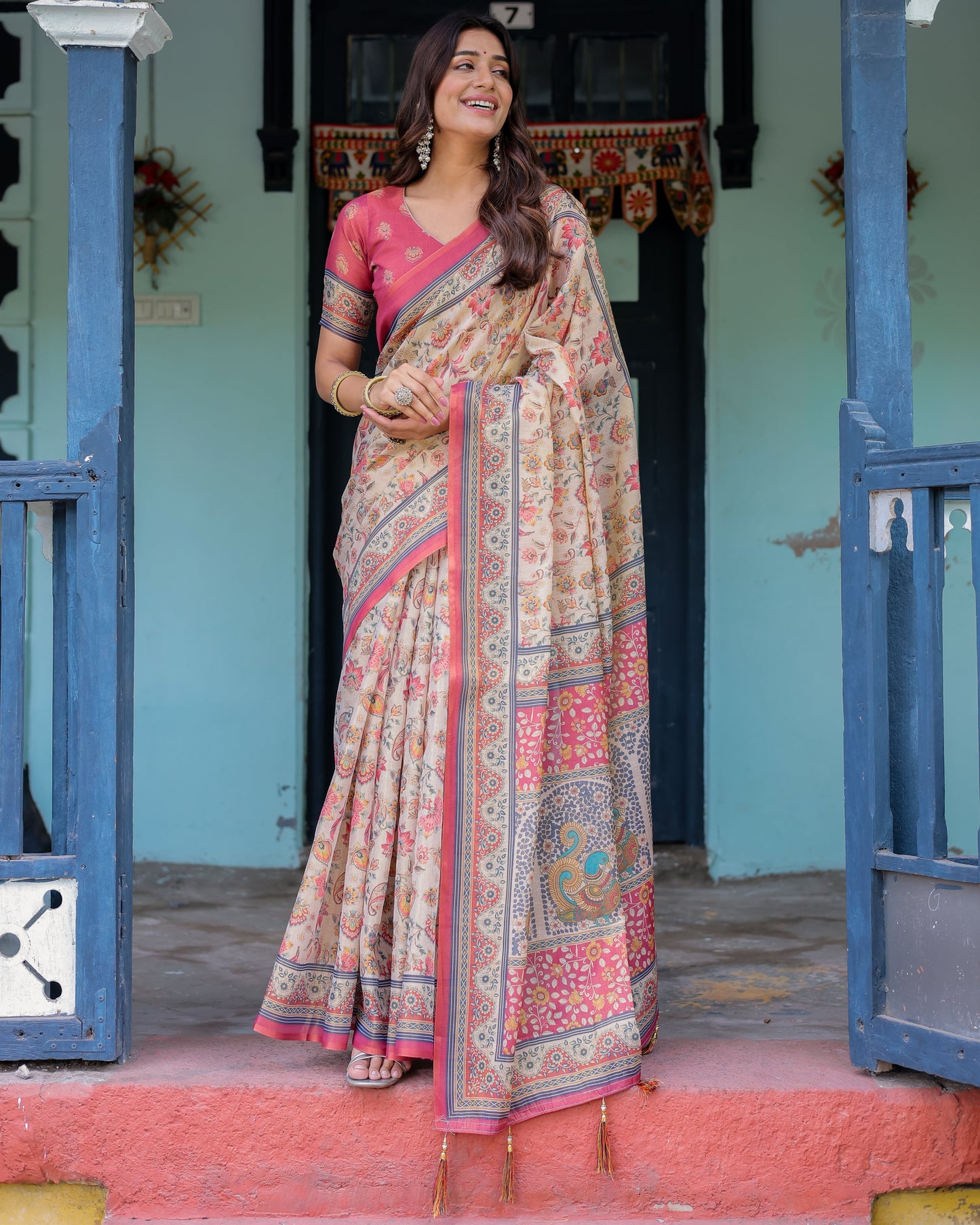 Ivory Pink Handloom Cotton Saree with Floral Print & Traditional Peacock Arch Pallu