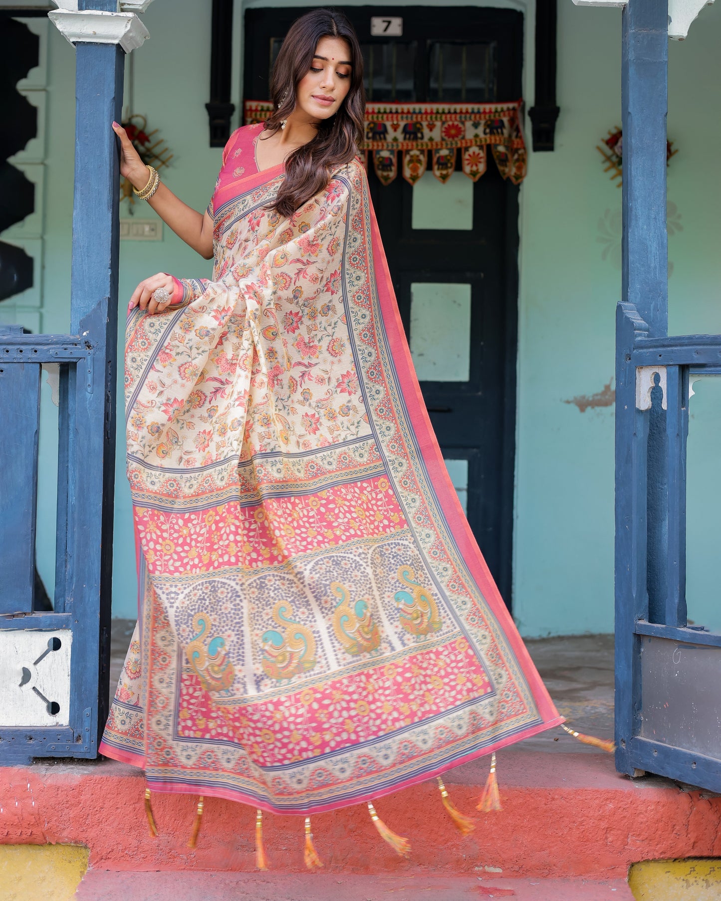 Ivory Pink Handloom Cotton Saree with Floral Print & Traditional Peacock Arch Pallu