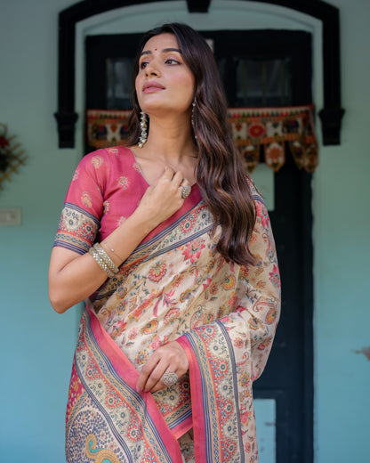 Ivory Pink Handloom Cotton Saree with Floral Print & Traditional Peacock Arch Pallu