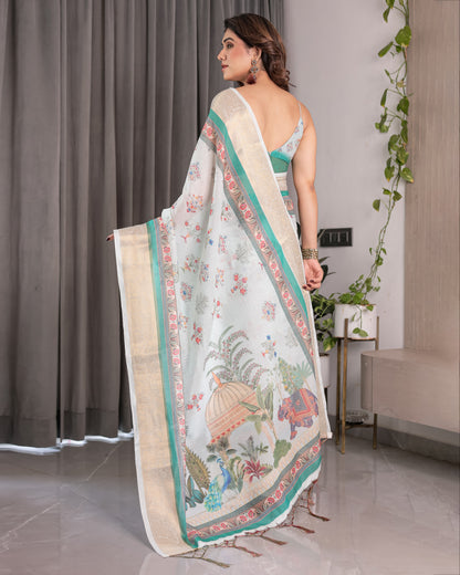 Ivory White Handloom Linen Saree with Royal Palace & Elephant Print | Gold Zari Border & Tassels | 5.5m Saree + 0.8m Blouse