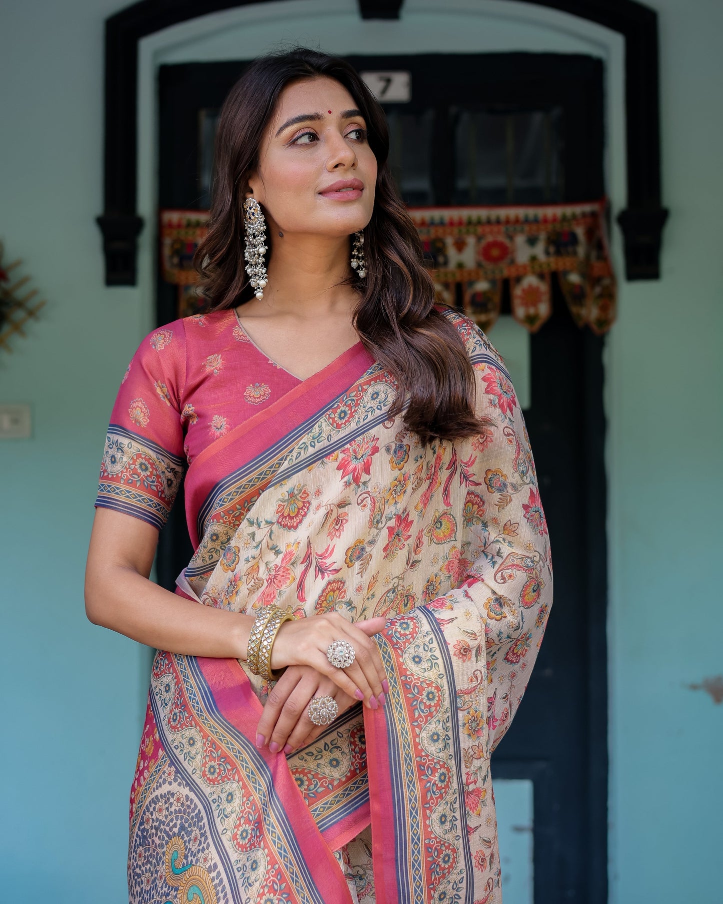 Ivory Pink Handloom Cotton Saree with Floral Print & Traditional Peacock Arch Pallu
