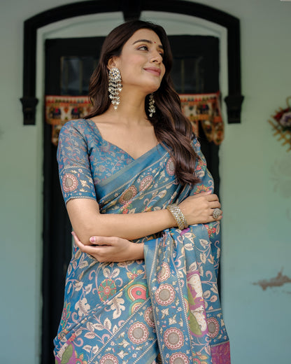 Dusty Blue Handloom Cotton Saree with Floral Print & Pink Cow Lotus Motif Pallu