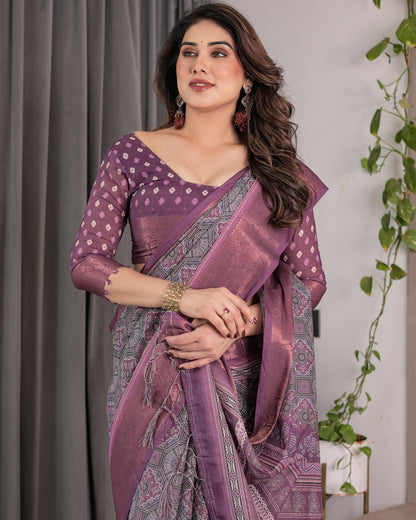Dusty Purple Handloom Linen Printed Saree with Zari Border, Geometric Floral Motifs & Tasselled Pallu | Attached Blouse Piece | 5.5m Saree + 0.8m Blouse