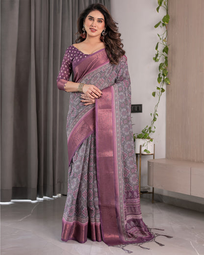 Dusty Purple Handloom Linen Printed Saree with Zari Border, Geometric Floral Motifs & Tasselled Pallu | Attached Blouse Piece | 5.5m Saree + 0.8m Blouse